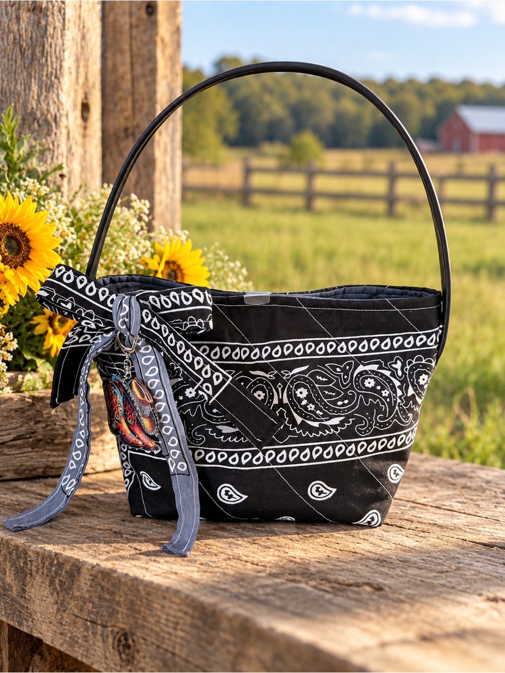 Hand Crafted Black Bandana-Print Mini Shoulder Bag with Bow